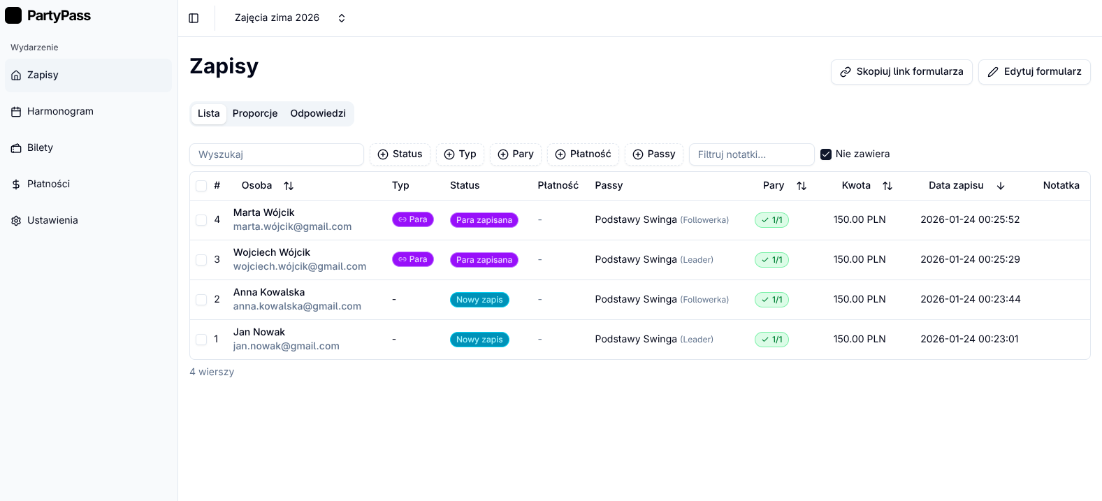MovePass dashboard showing signup management